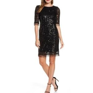 Taylor BlackHalf Sleeve Beaded Tassel Sequin Mini Dress.        Size-2